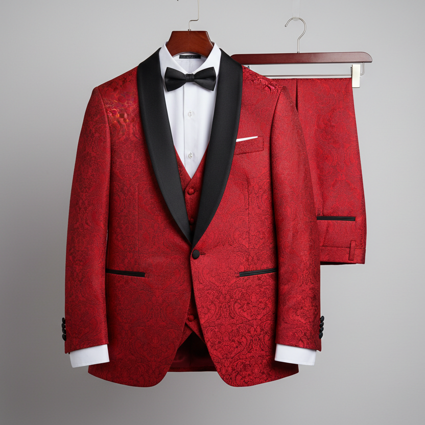 Three piece red men’s tuxedo is displayed on wooden hangers, featuring a jacquard-patterned red jacket with black satin shawl lapels, a matching waistcoat, and trousers. Presented with a white dress shirt and black bow tie in a clean studio setting with soft lighting emphasising the texture and detailing.