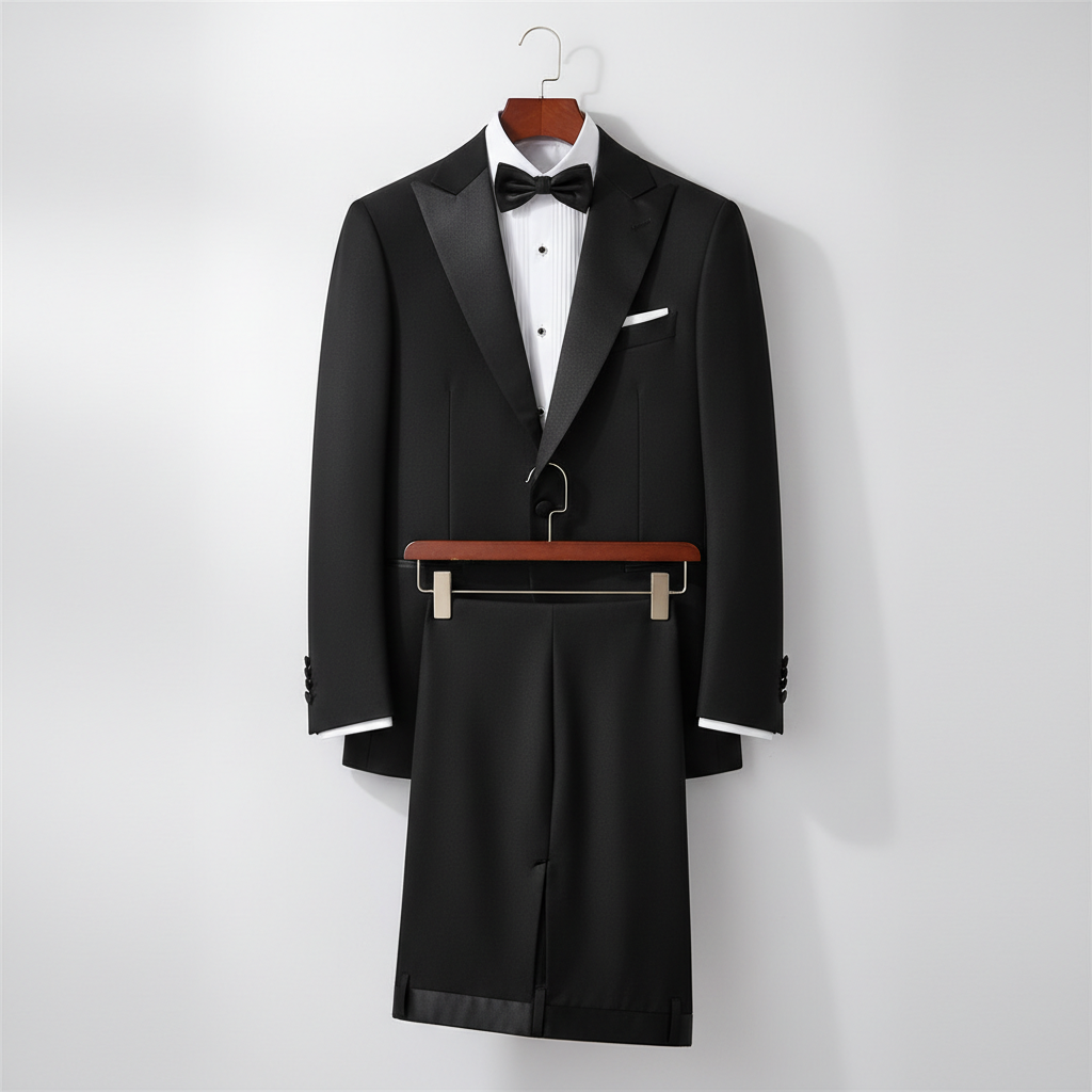 Two-piece black men’s tuxedo displayed on wooden hangers, featuring a slim-fit jacket with satin shawl lapels and refined formal structure, paired with matching trousers. Presented with a white pleated tuxedo shirt with crystal-style buttons and a black bow tie. Shown in a clean studio setting with soft lighting to emphasize the satin finish and sharp tailoring. 250:250