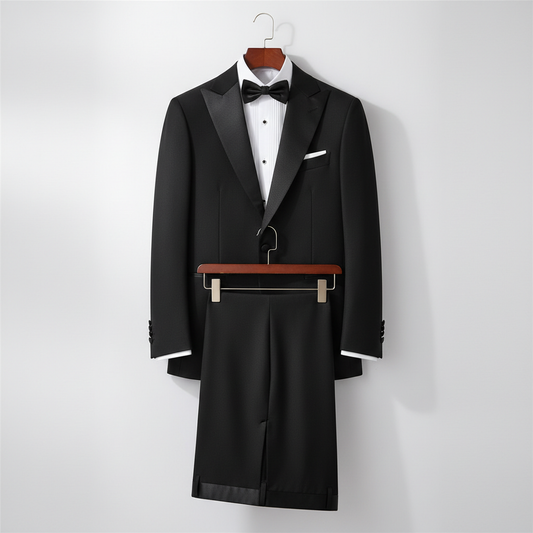 Two-piece black men’s tuxedo displayed on wooden hangers, featuring a slim-fit jacket with satin shawl lapels and refined formal structure, paired with matching trousers. Presented with a white pleated tuxedo shirt with crystal-style buttons and a black bow tie. Shown in a clean studio setting with soft lighting to emphasize the satin finish and sharp tailoring. 250:250