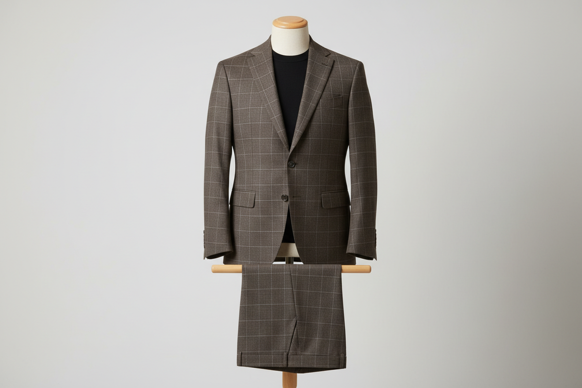 Two-piece brown men’s suit displayed upright on a wooden stand. Slim-fit jacket with structured shoulders and a defined check pattern formed by fine intersecting lines, paired with matching trousers folded neatly over the display bar. Styled with a black top for contrast. Clean studio background with soft, even lighting highlighting the fabric texture and line detailing.