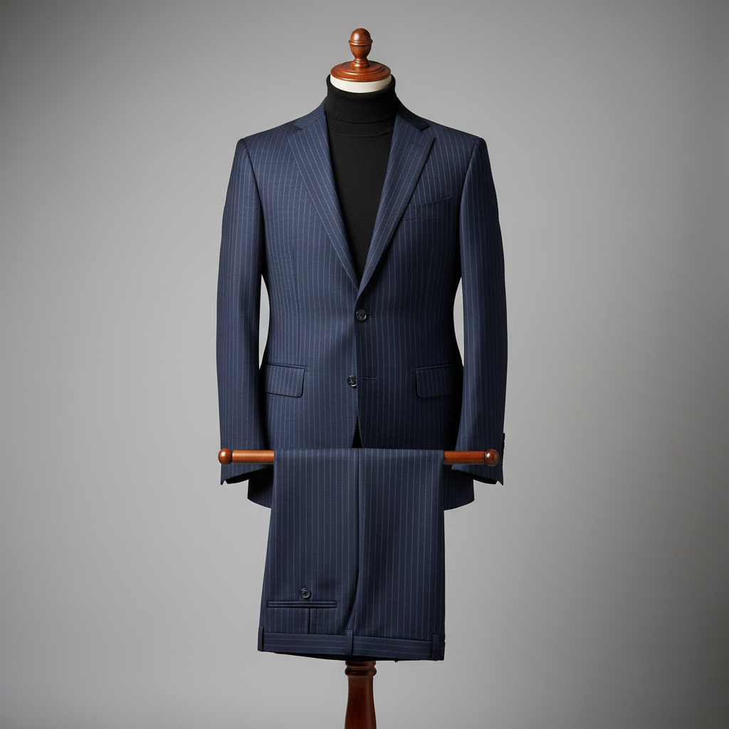 Two-piece dark blue pinstripe men’s suit displayed upright on a wooden stand. Slim-fit jacket with structured shoulders and fine vertical stripes, paired with matching trousers folded neatly over the display bar. Styled with a black turtleneck for a clean modern contrast. Shown in a soft studio background with even lighting. ratio 250:250