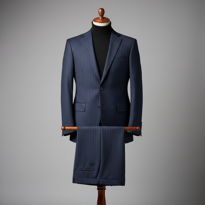 Two-piece dark blue pinstripe men’s suit displayed upright on a wooden stand. Slim-fit jacket with structured shoulders and fine vertical stripes, paired with matching trousers folded neatly over the display bar. Styled with a black turtleneck for a clean modern contrast. Shown in a soft studio background with even lighting. ratio 250:250