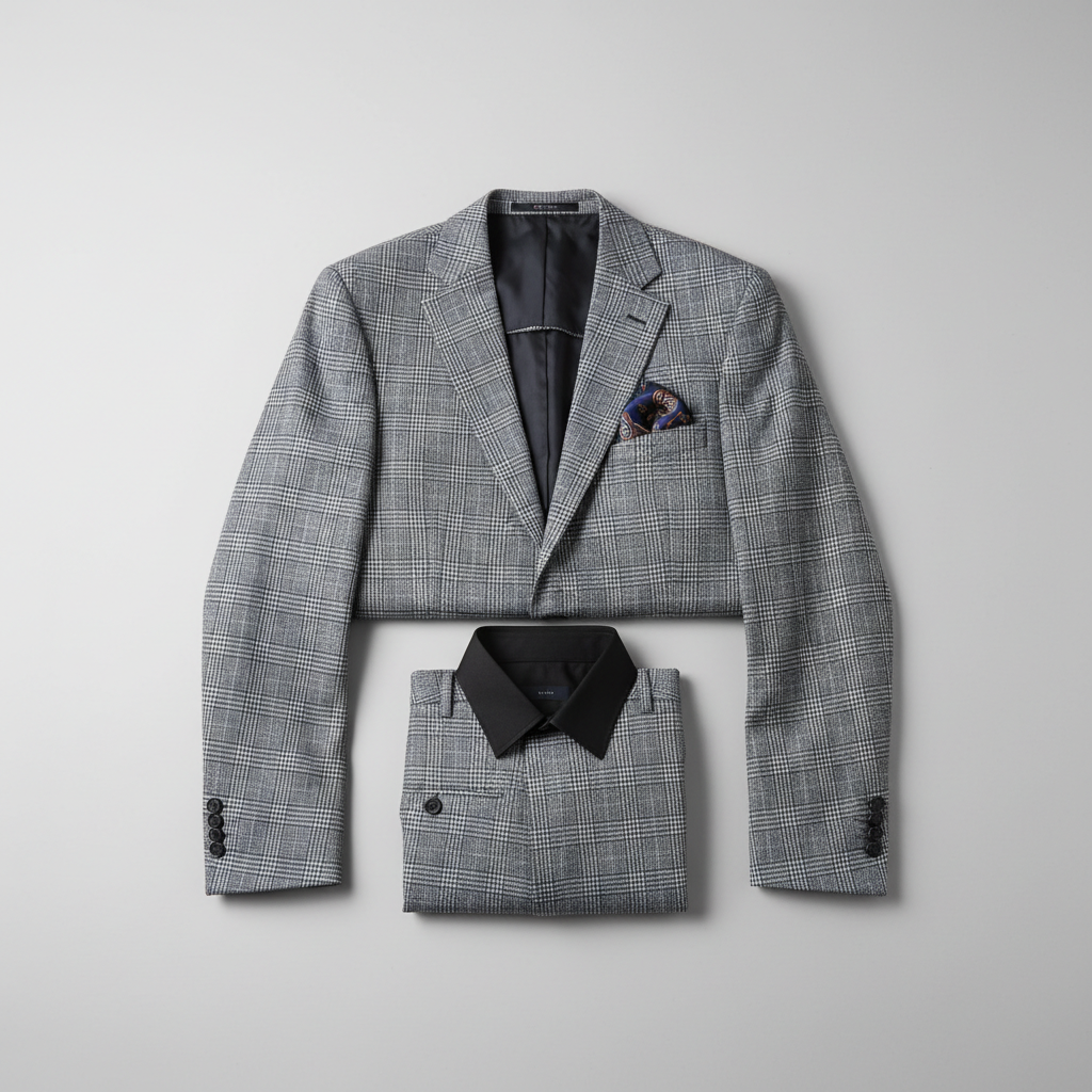 Gray checkered suit jacket and shirt on a light gray background