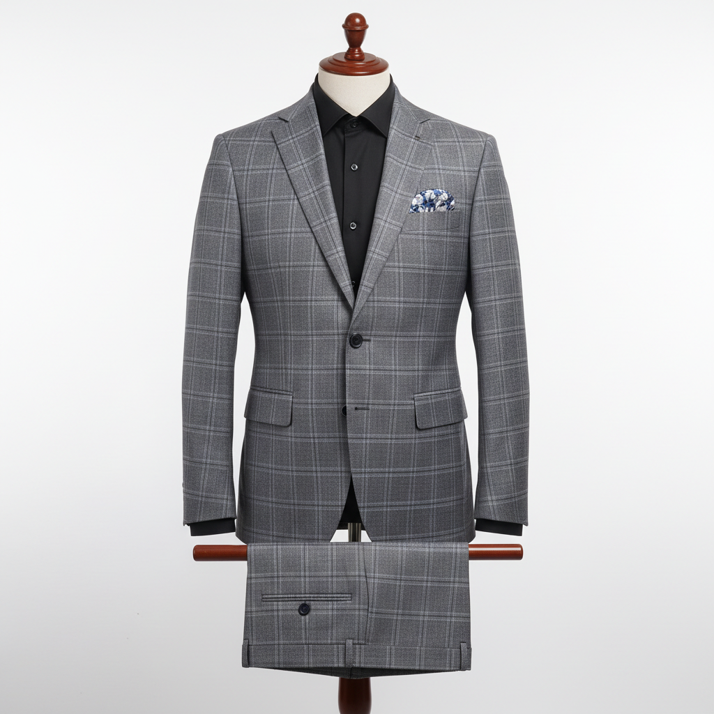 Two-piece grey checkered men’s suit displayed upright on a wooden stand. Slim-fit jacket with structured shoulders and two-button closure, paired with matching trousers folded neatly over the display bar. Styled with a black dress shirt and patterned pocket square. Clean studio background with soft, even lighting. ratio 250:250