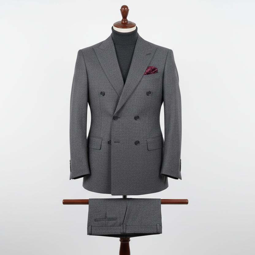 Two-piece grey men’s suit displayed upright on a wooden stand. Double-breasted slim-fit jacket crafted in a textured grey woven fabric with fine micro-pattern detailing, paired with matching trousers folded neatly over the display bar. Styled with a dark turtleneck and pocket square. Clean studio background with soft, even lighting highlighting the texture and structure.