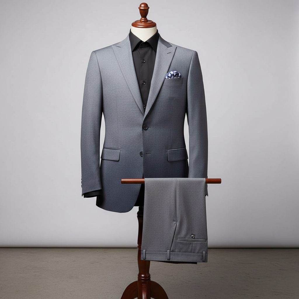 Two-piece men’s suit displayed upright on a wooden stand, crafted in a smooth grey fabric with a subtle gradient finish. The slim-fit jacket features structured shoulders, a sharp notched lapel, and a clean two-button closure. Coordinated grey trousers are folded neatly over the display bar beside the jacket. Styled with a black dress shirt for a bold contrast and finished with a patterned pocket square. Set against a soft studio background with even lighting to highlight the suit’s refined ratio: 250:250