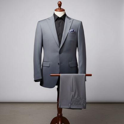 Two-piece men’s suit displayed upright on a wooden stand, crafted in a smooth grey fabric with a subtle gradient finish. The slim-fit jacket features structured shoulders, a sharp notched lapel, and a clean two-button closure. Coordinated grey trousers are folded neatly over the display bar beside the jacket. Styled with a black dress shirt for a bold contrast and finished with a patterned pocket square. Set against a soft studio background with even lighting to highlight the suit’s refined ratio: 250:250