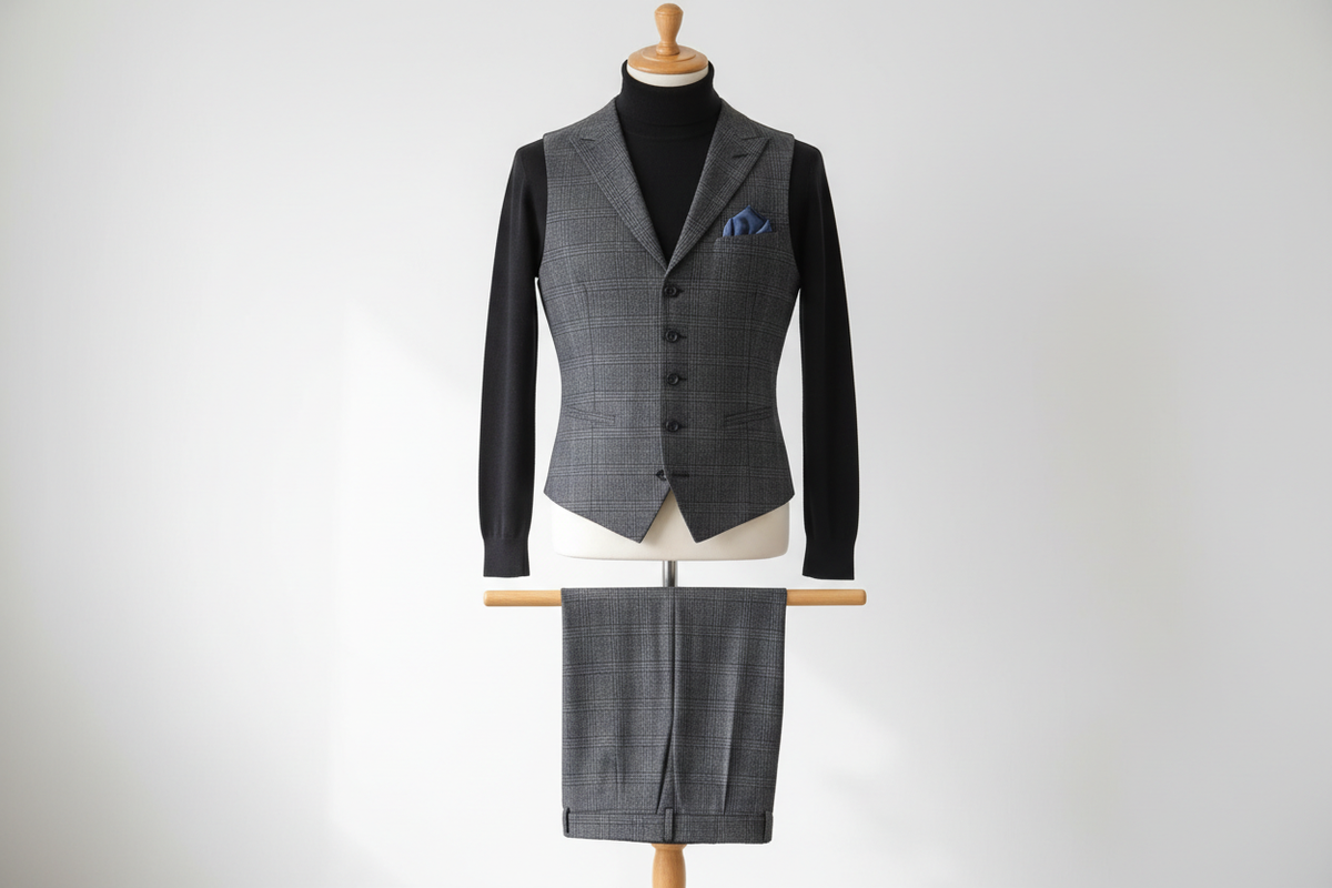 Two-piece men’s waistcoat set displayed upright on a wooden stand. Slim-fit check-pattern waistcoat with matching trousers folded neatly over the display bar. Styled with a black turtleneck for a modern contrast. Clean studio background with soft, even lighting.