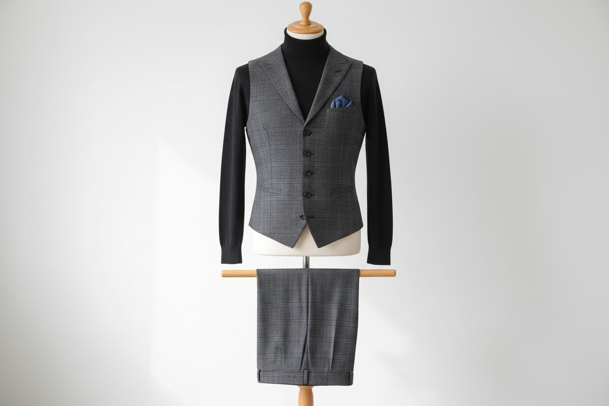 Two-piece men’s waistcoat set displayed upright on a wooden stand. Slim-fit check-pattern waistcoat with matching trousers folded neatly over the display bar. Styled with a black turtleneck for a modern contrast. Clean studio background with soft, even lighting.
