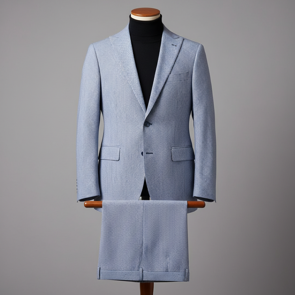 Two-piece navy light blue pinstripe men’s suit displayed upright on a wooden stand. Slim-fit jacket with structured shoulders and fine vertical stripes, paired with matching trousers folded neatly over the display bar. Styled with a black turtleneck for a clean modern contrast. Shown in a soft studio background with even lighting.ratio 250:250