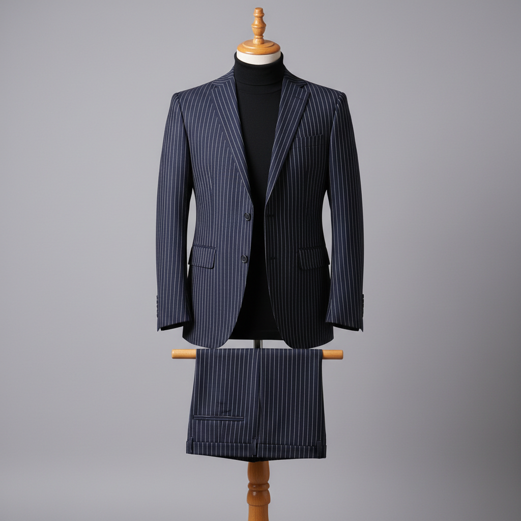 Two-piece navy pinstripe men’s suit displayed upright on a wooden stand. Slim-fit jacket with structured shoulders and fine vertical stripes, paired with matching trousers folded neatly over the display bar. Styled with a black turtleneck for a clean modern contrast. Shown in a soft studio background with even lighting. Ratio 250:250