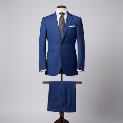 Two-piece vibrant blue men’s suit displayed upright on a wooden stand. Slim-fit jacket with clean tailoring and structured shoulders, paired with matching trousers folded neatly over the display bar. Styled with a white dress shirt, brown patterned tie, and white pocket square. Set in a clean studio background with soft, even lighting. ratio: 250 x 250 