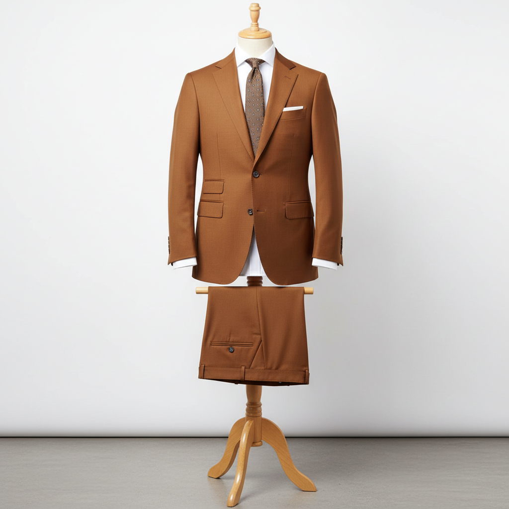 Two-piece vibrant brown men’s suit displayed upright on a wooden stand. Slim-fit jacket with clean tailoring and structured shoulders, paired with matching trousers folded neatly over the display bar. Styled with a white dress shirt, brown patterned tie, and white pocket square. Set in a clean studio background with soft, even lighting. ratio: 250 x 250 