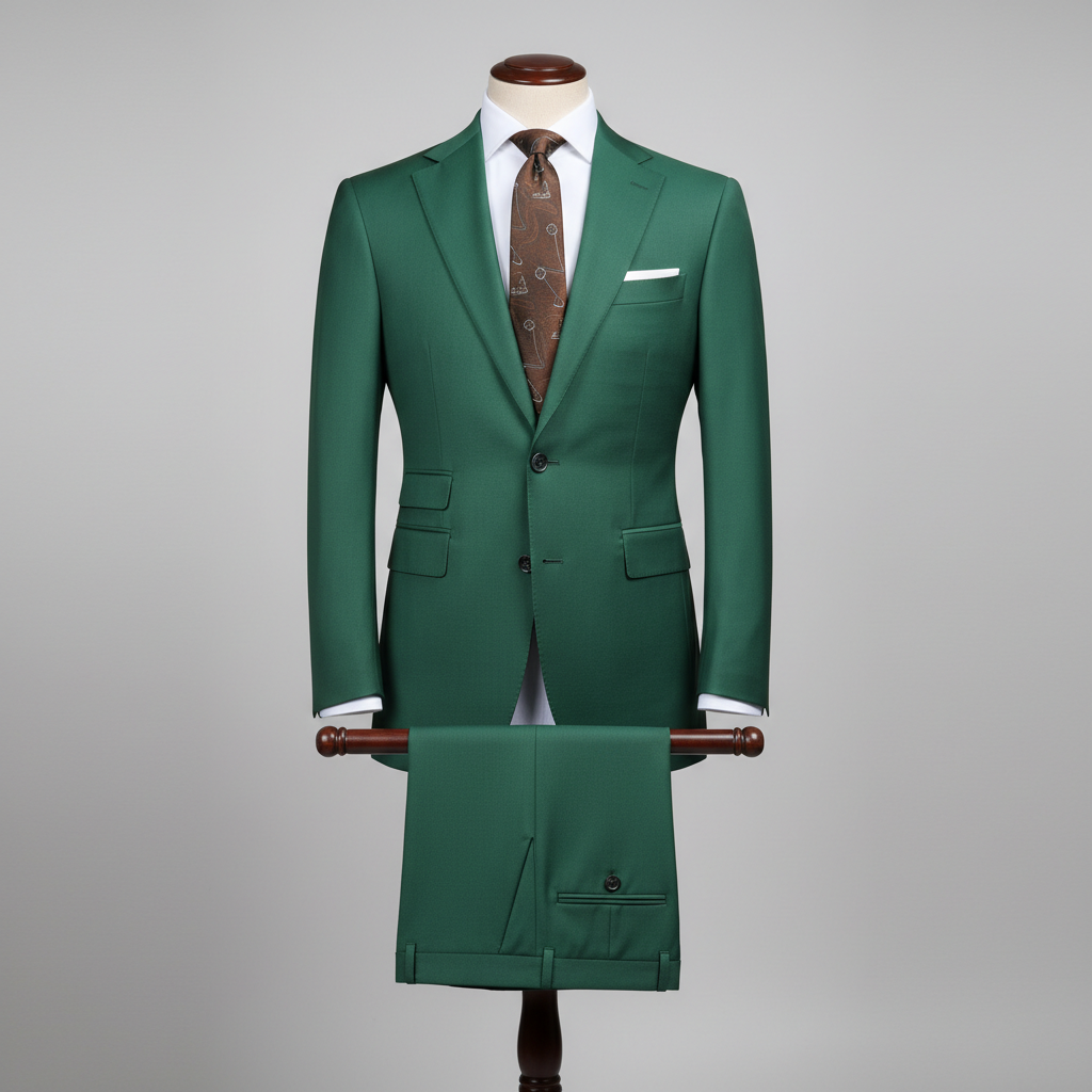 Two-piece vibrant green men’s suit displayed upright on a wooden stand. Slim-fit jacket with clean tailoring and structured shoulders, paired with matching trousers folded neatly over the display bar. Styled with a white dress shirt, brown patterned tie, and white pocket square. Set in a clean studio background with soft, even lighting. ratio: 250 x 250 